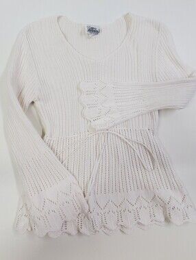 Knits Landing Women's White Loose Knit L/S Top Drawstring Waist Crochet trim Sm